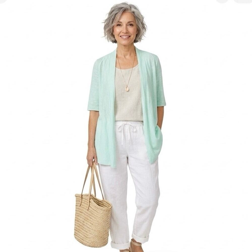 EILEEN FISHER Women's S Beachy Linen Short Sleeve Open Cardigan Green